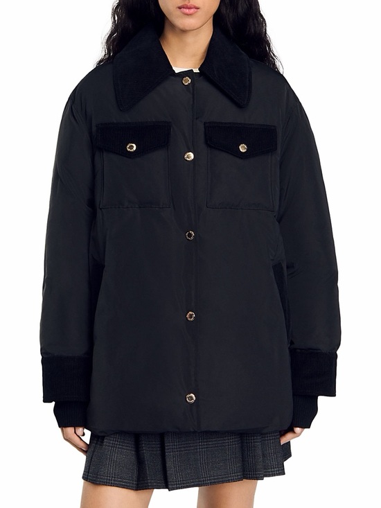 Sandro Jackets & Blazers - Sandro Black Quilted Puffer Jacket with Corduroy Trim